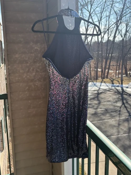 🆕✨Badgley Mischka Sequin Cocktail Dress Size 12 Blue Black Mini Party Glam Dress - Picture 6 of 17